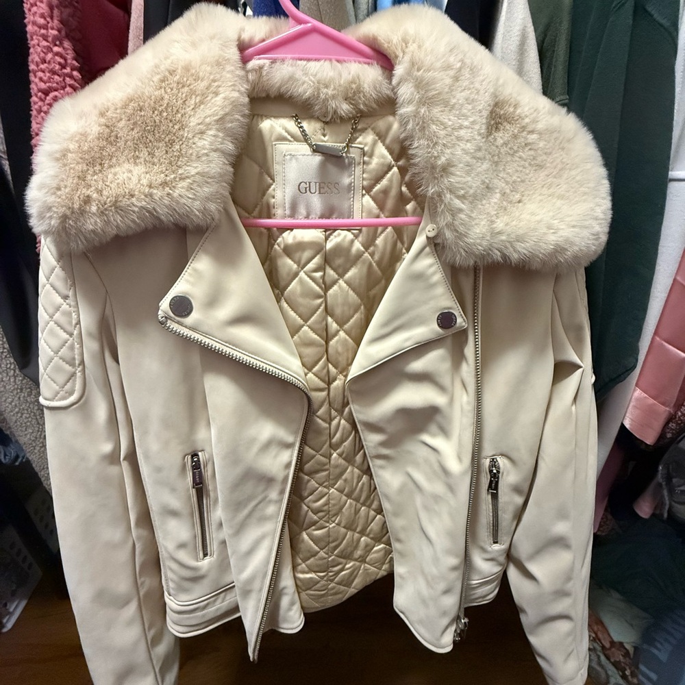 Guess Women's Beige Leather Jacket with Faux Fur Collar